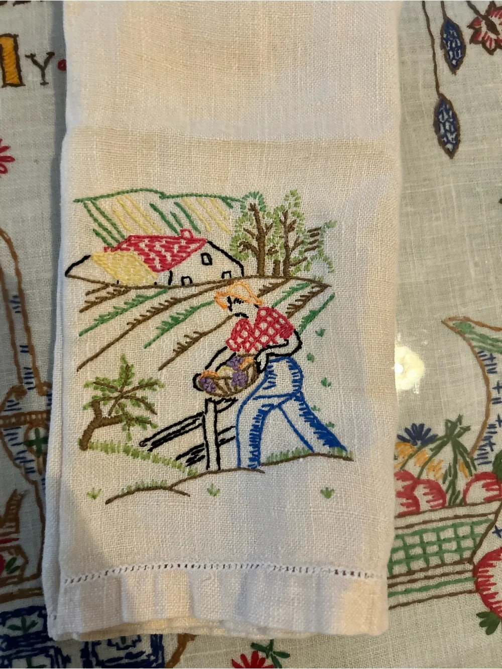 Hand-Embroidered Country Farm Scene with Figural Motif Tea Towel